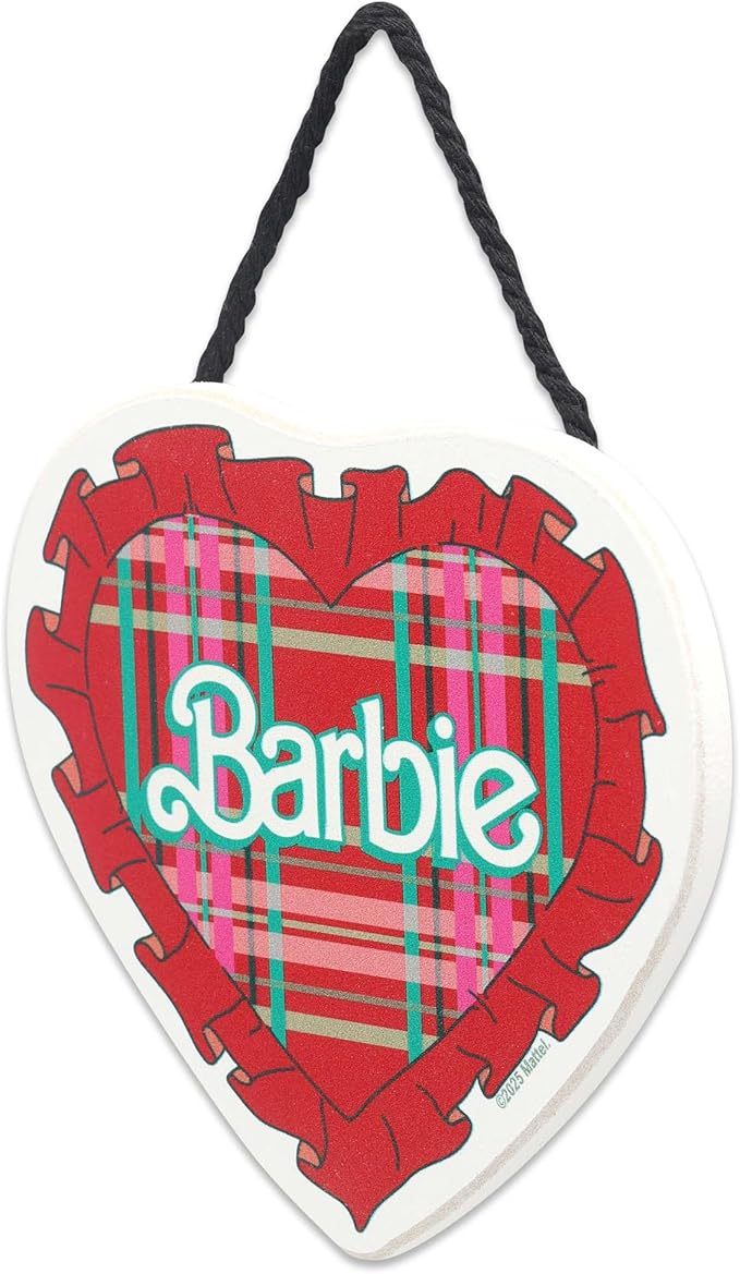 Mattel Barbie Plaid Heart Hanging Wood Wall Decor - Cute Barbie Wall Art for Bedroom or Play Room