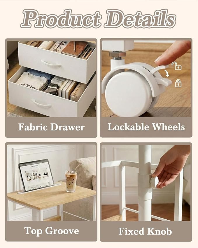 360° Swivel Nightstand with Height Adjustable, Lift Top Bedside Table with Charging Station, Rolling Night Stand with 2 Fabric Drawers, End Table with Wheels, for Bedroom, Living Room, Natural White