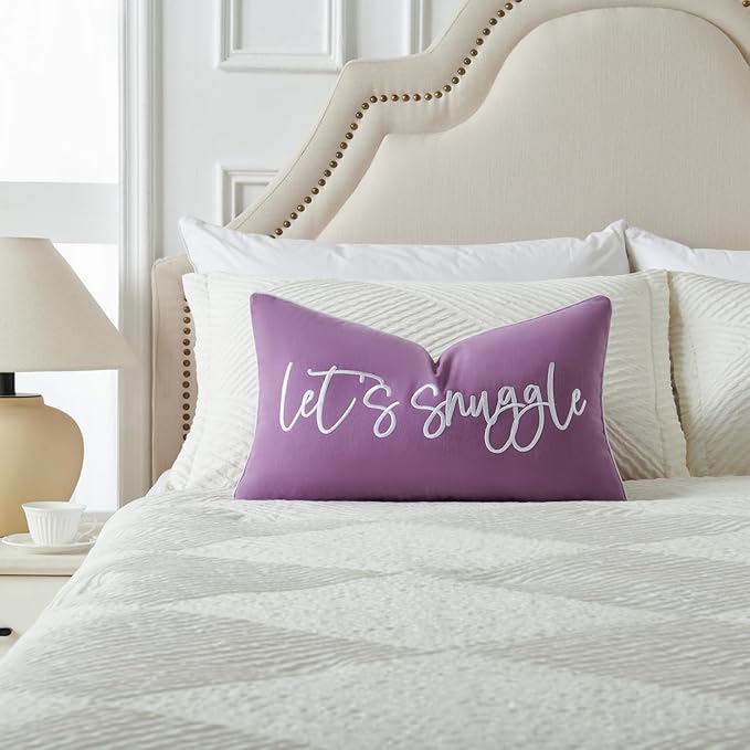 Sunkifover Let's Snuggle Decorative Lumbar Pillow Cover - 14x24 Inch Purple and White Cotton Embroidery Throw Pillowcase for Bed, Bedroom, Living Room, Home Decor