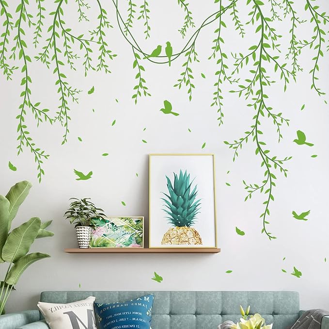 Hanging Willow Branch Wall Stickers DIY Green Vine Leaf Plant Wall Decals Peel and Stick Grass Birds Butterfly Art Mural Decortions for Kids Baby Girls Nursery Bedroom Living Room Offices Classroom (Green)