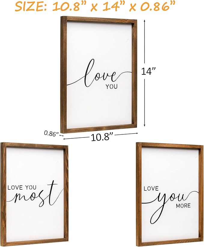 Set of 3 Love You More Sign I Love You Most Sign Wall Decor for bedroom room and living room (11x14 inches, Brown)