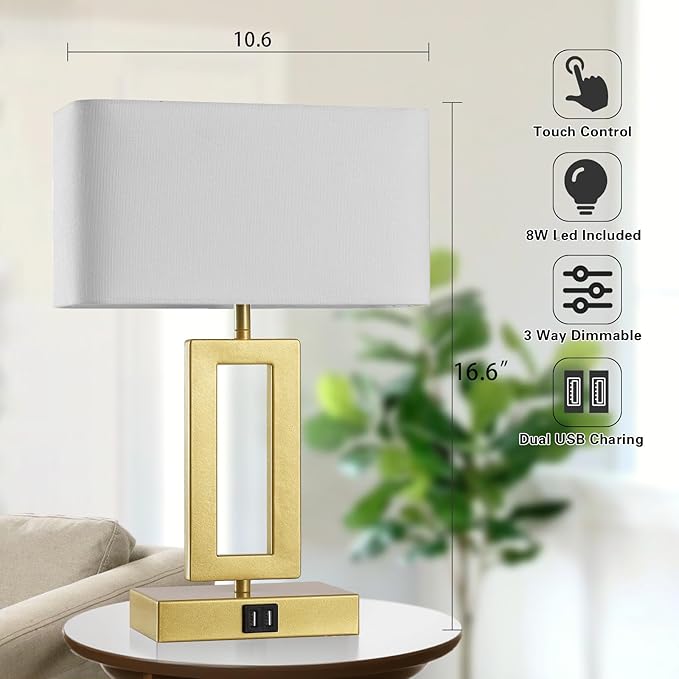 Gold Table Lamps Set of 2 with Dual USB Ports,3-Way Dimmable Touch Control Bedside Lamps,Modern Bedroom Table Lamp for Living Room,Nightstand LED Bulbs Included