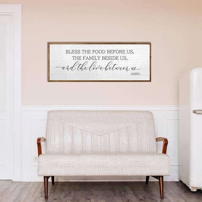 Christian Blessing Dining Room Wall Decor 32"×12" Bless The Food Before Us Sign Rustic Farmhouse Kitchen Religious Decor Large Catholic Horizontal Wooden Frame Wall Art Hanging (Wood)