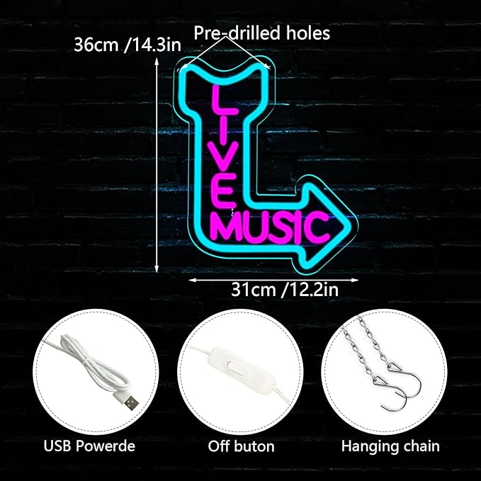 Live Music Neon Signs, LED Neon Light for Wall Decor,Light up Sign for Man Cave Decor Beer,Bar,Music Studio,Bedroom,Party,Club