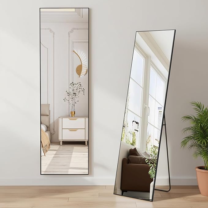 NEWBULIG Full Length Mirror 59.2"x16" for Bedroom, Full Body Mirror with Stand, Hanging or Leaning for Wall, Aluminum Alloy Thin Frame Floor Standing for Living Room, Long, Black
