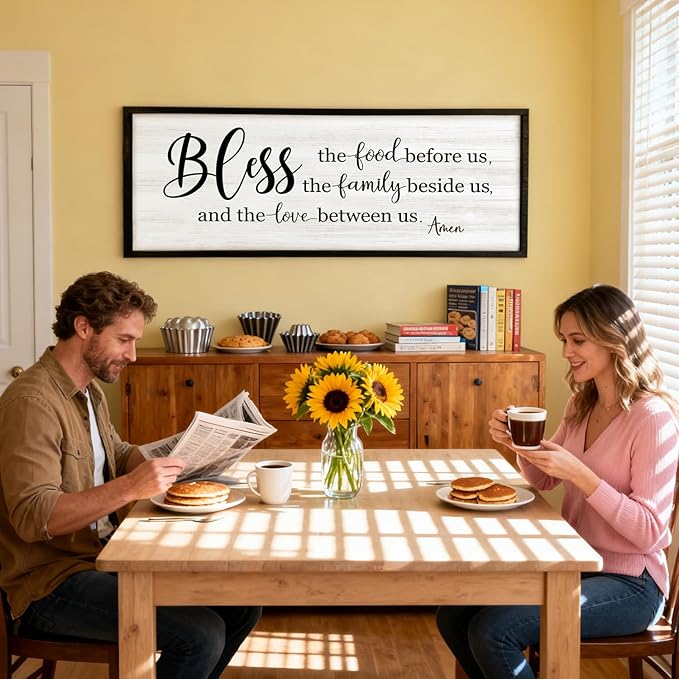 Bless the Food Before Us, the Family Beside Us, and the Love between us Framed Wall Art for Dining Room, 40''×15'' Holy Positive Religious Rustic Bible Verse for Christian God Jesus Christ Prayer