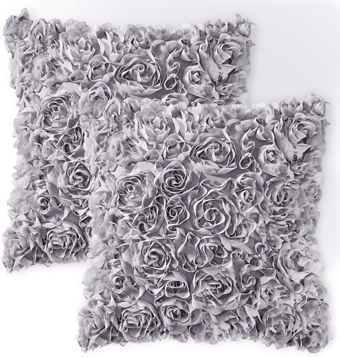 MIULEE 3D Rose Flower Pillow Covers Pack of 2 Decorative Spring Floral Romantic Stereo Chiffon Aesthetic Solid Pillowcase for Girl Bedroom Living Room Decor 16x16 Inch Grey