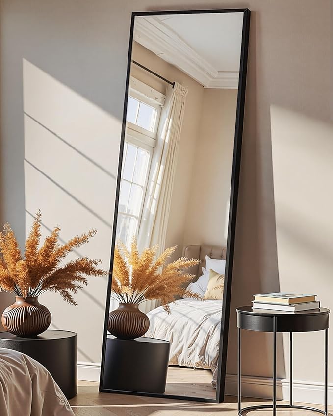 Full Length Floor Mirror 56"x15", Standing Mirror with Aluminum Frame, Large Body Mirror for Bedroom, Living Room and Bathroom, Black