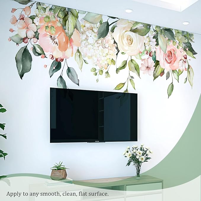 Flowers Leaves Wall Decals Peel and Stick, Large Floral Flowers Wall Stickers, Removable Vine Home Decor Art for Bedroom Living Room Classroom Office