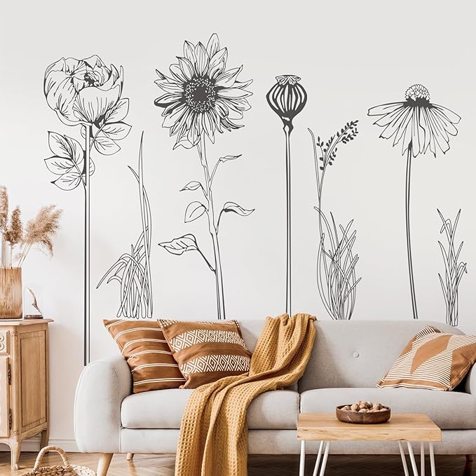 Extra Large Black Flower Wall Decals Simple Sketch Wildflower Floral Wall Stickers for Girls Bedroom Living Room Bathroom Office Adult Home Decor