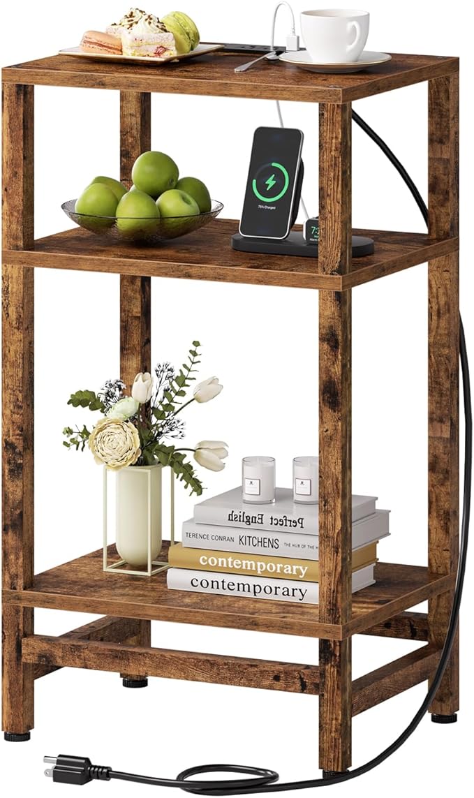 Side Table with Fast Charging Station, 3 Tier End Table with Type C and USB Port, Small Bedside Tables for Small Space, End Tables for Living Room, Bedroom, Office, Rustic Brown