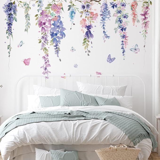 Zonon 6 Pcs Flowers Wall Decals Stickers Vinyl Removable Peel and Stick Colorful Dragonflies Floral Wall Murals Decor for Bedroom Living Room Nursery(Elegant)