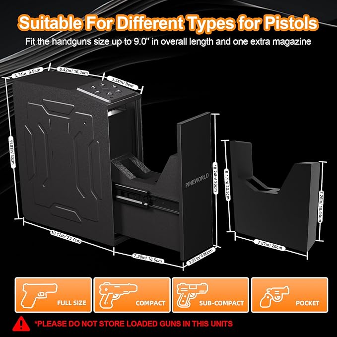 Gun Safe For Handgun, Biometric Slider Bedside Handgun Safe, Pistol Lock Case for Nightstand,Sliding Door Hand Gun Safe for Pistol -with 3 Quick Access Fingerprint, PIN Code, KEY