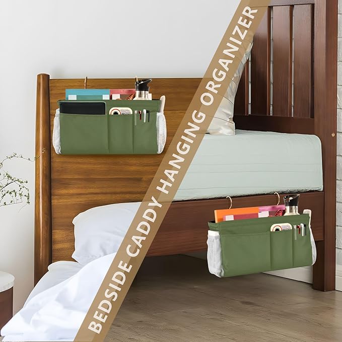DOMIKING Dark Green Bedside Caddy for Dorm Bed Recliner Armrest Organizer with Hooks Haning Storage Bags for Couch Recliner Remote Control