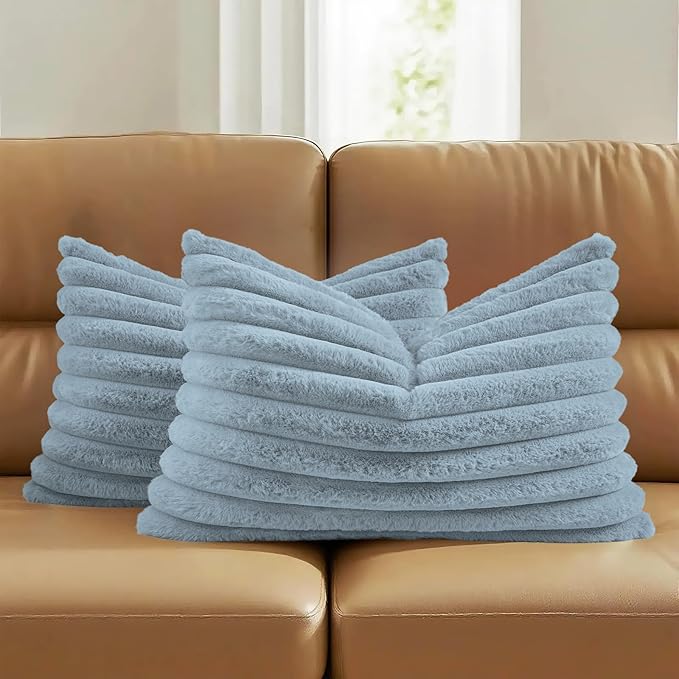 FUTEI Dusty Blue Decorative Throw Pillow Covers Set of 2, 12x20 Inch Soft Fluffy Faux Fur Plush Striped Lumbar Pillowcases, Modern Home Decor for Couch Bed Living Room