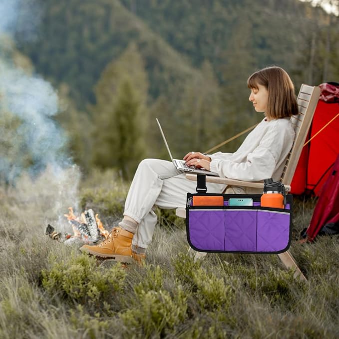 Camping Armrest Storage Bag, Chair Armrest Organizer, Car Seat Hanging Bag, Extended Back Buckle Canvas Beach Chair StorageBag, Side HangingBag For Bedside/Outdoor/Beach/Camping(purple)