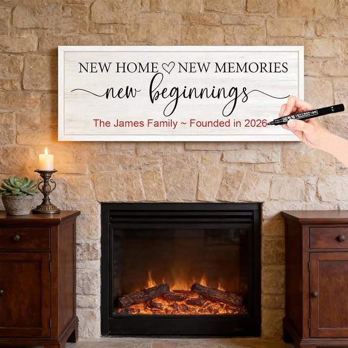 New Home, New Memories, New Beginnings Wall Decor Sign – 32x12 Inch Framed Wooden Sign with Writable Family Name & Year Space, Rustic Farmhouse Housewarming Gift for New Home, Entryway, Living Room, White