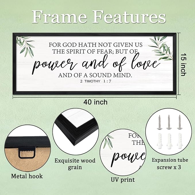 For God Hath Not Given Us the Spirit of Fear Wall Art – 40x15 Inch Framed Bible Verse Decor, 2 Timothy 1:7 Christian Wall Decor, Large Scripture Wall Art for Living Room Bedroom, Black