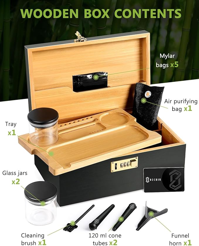 OZCHIN Large Bamboo Box with Combination Lock Decorative box for Home Great Gift Choice Storage Lockbox with Storage Jar, Gifts for Men Women (Black, 12 x 7.6 x 5.1)