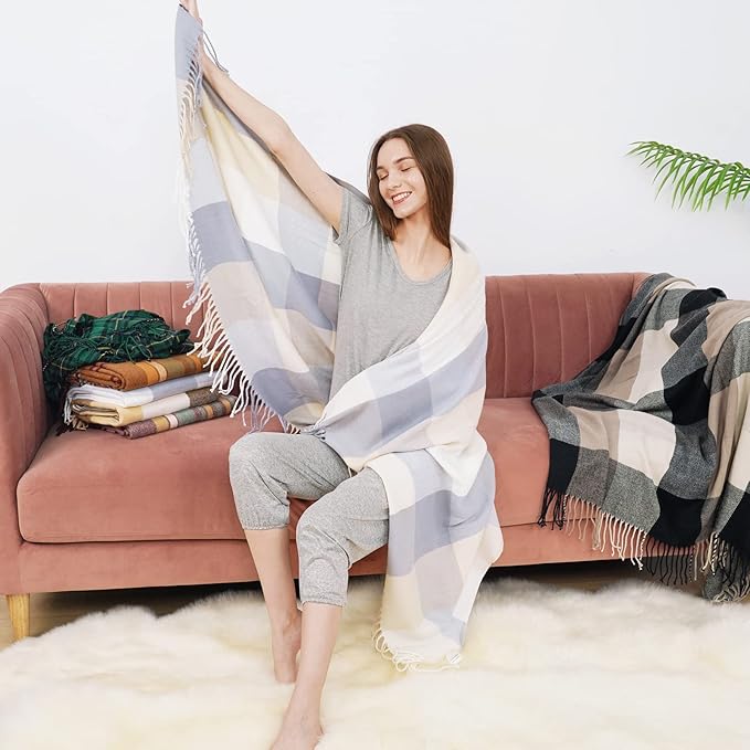 David's Home Buffalo Plaid Throw Blanket- Soft Lightweight Tartan Checker Blanket with Decorative Tassels for Couch Sofa-Outdoor Fringe Lap Throw-Farmhouse Style-50x60 Inches-White+Greyish Blue/Purple