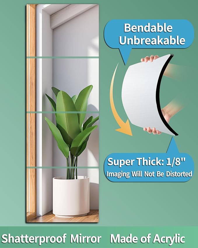 Shatterproof Wall Mirror Full Length for Bedroom, Acrylic Gym Mirrors For Home, Extra Thick : 0.12 Inch, 4 PCS x 16 x 12 Inches, Workout Mirrors Safe for Kids, Over The Door, Long Wall Mounted Mirror