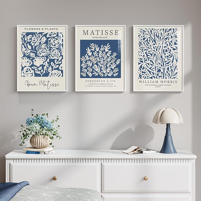 Framed Blue Matisse Wall Art for Room Decor, 3 Piece Botanical Artwork for Walls, Vintage Blue and White Plant Canvas Print, William Morris Painting Picture for Bedroom Living Room Hallway, 12x16 Inch