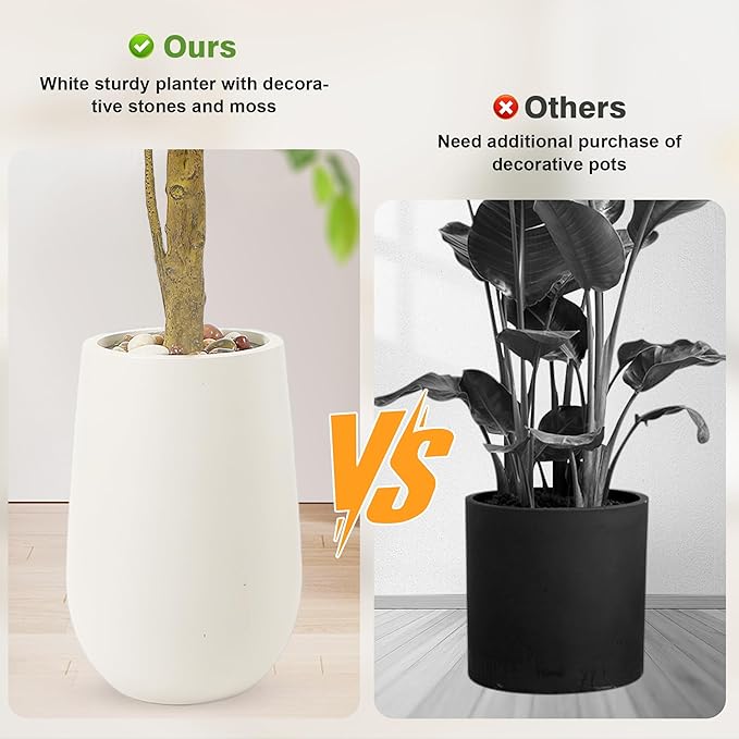 6.5FT Artificial Ficus Tree with White Planter and Pebbles,Faux Silk Tree with Lifelike Leaves and Realistic Trunk,Tall Fake Potted Plant for Home and Office Décor Indoor and Outdoor (6.5FT)