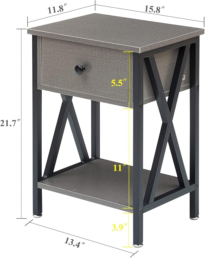 VECELO Nightstands Set of 2, Modern Bedside End Tables, Night Stands with Drawer and Storage Shelf for Living Room Bedroom, Industrial Metal Frame