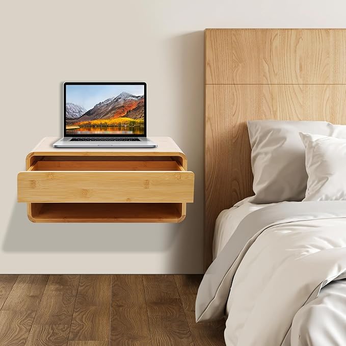Bamboo Floating Nightstand with Storage Drawer, Wall Mounted Bedside Table End Tables with Open Shelf, Bedside Cabinet Storage Organizer Case Display Box for Bedroom, Fully Assembled
