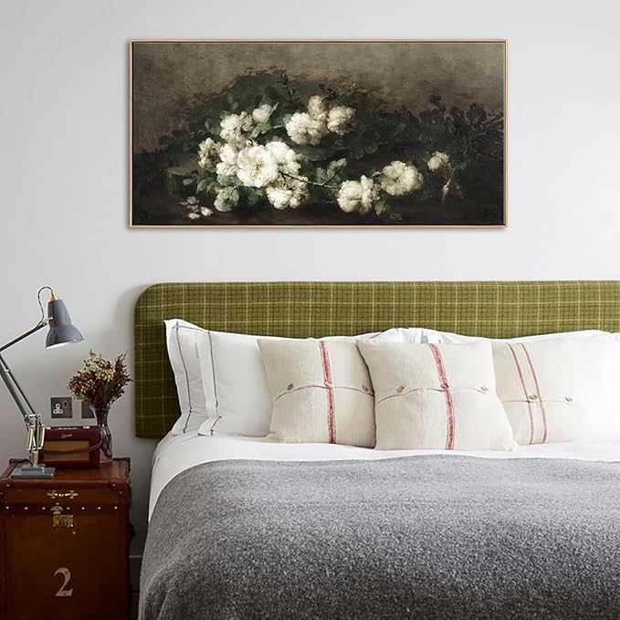 DJSYLIFE Framed Vintage Flower Canvas Wall Art, White Rose Still Life Painting Prints for Bedroom Decor, Classical Floral Pictures for Living Room Home Decorations, Ready to Hang 20"x40"