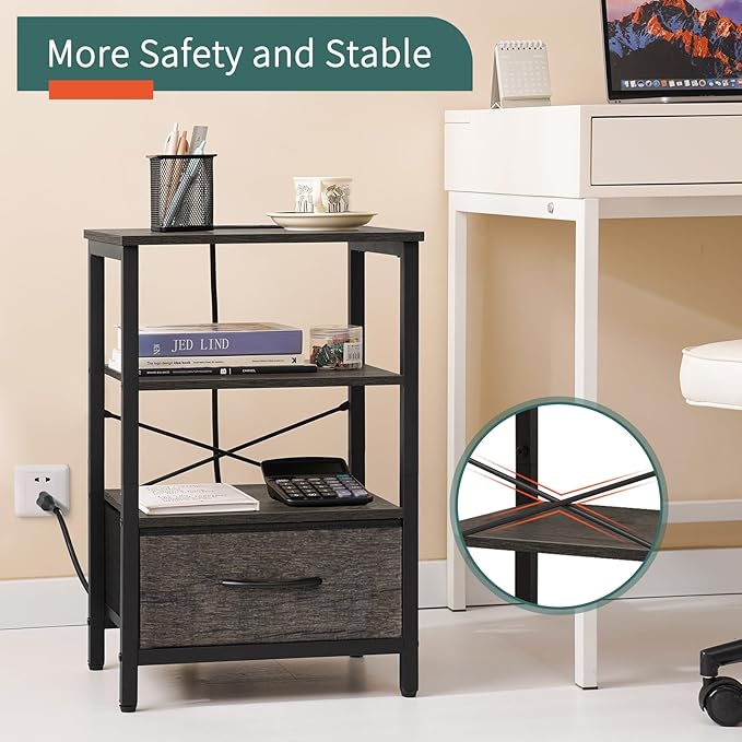 Yoobure Grey Night Stand with Charging Station, LED Nightstand for Bedroom, Bedside Tables with Adjustable Fabric Drawer, 3-Tier End Table Living Room, Small Side Table with Storage