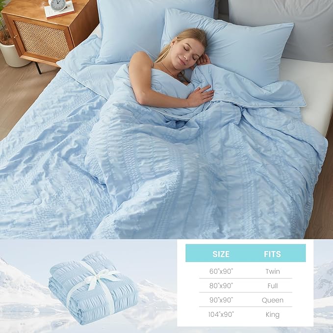Cozy Bliss Seersucker Cooling Comforter Twin Size, Q-Max 0.45 Reversible Lightweight Cooling Blanket, Breathable Silk Smooth Summer Bedding Quilt for Hot Sleepers Night Sweats Cold Blue