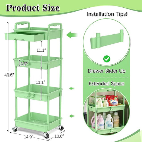 4 Tier Rolling Utility Cart with Drawer, Storage Organizer Cart with 2 Lockable Wheels, Multifunctional Rolling Storage Cart for Bathroom, Kitchen, Craft, Makeup, Baby Essentials, Green