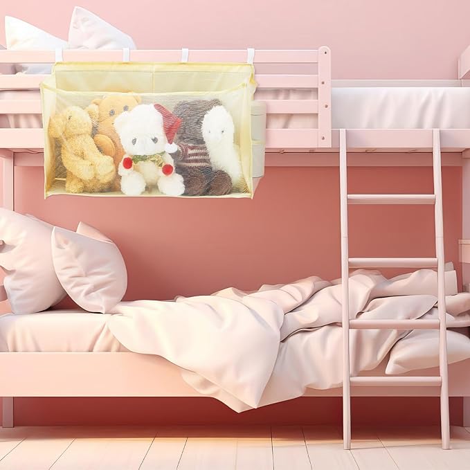 Bedside Stuffed Animal Organizer Storage - Large Capacity Space Saving Plush Toy Organizer Net with Reinforced Sides & Extra Pockets, Stuffy Holder Bed Caddy, Beige