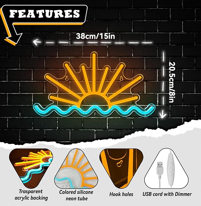 Sunset Neon Sign Sun Wave Neon Signs for Wall Decor USB Powered Led Neon Light Sign forBedroom, Beach Bar, Party, Man Cave, Living Room,Dimmable Led Sign