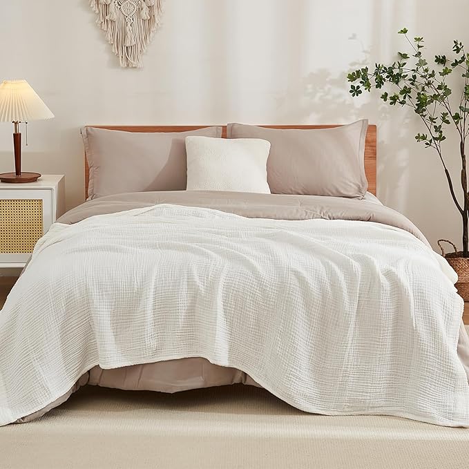 EMME Cotton Muslin Queen Blanket Bed Layering Bedspread Coverlet Breathable Gauze Soft Lightweight Adults (White,90"x90")