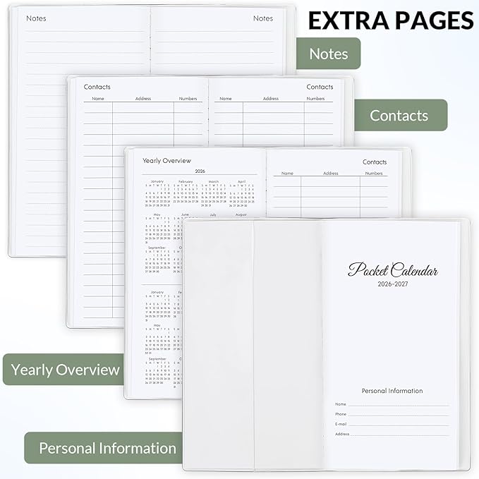 Pocket Calendar 2026-2027, Pocket Planner 2026-3.7" x 6.7" - Runs from January 2026 Until December 2027, Monthly Planner 2026-2027 with PVC Cover for Planning, Green
