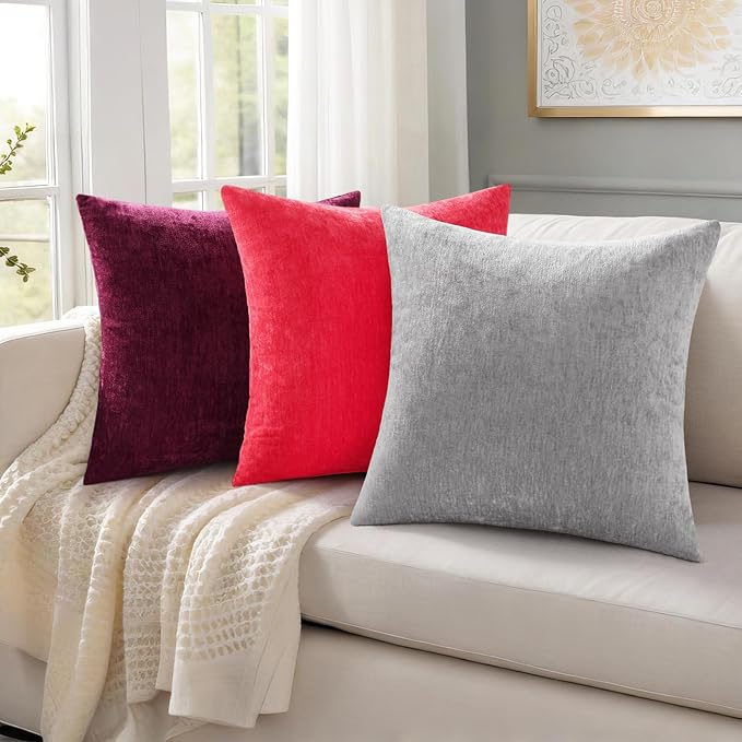 decorUhome Chenille Grey Throw Pillow Covers 16x16 Inch Set of 2, Decorative Soft Couch Pillow Covers Solid Dyed Accent Farmhouse Neutral Square Pillow Cases for Sofa