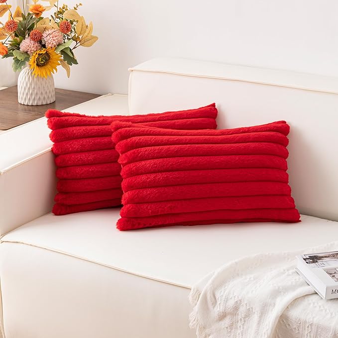 Aegero Pack of 2 Faux Fur Christmas Throw Pillow Covers 12x20 Inch, Soft Plush Striped Neutral Couch Pillow Cover, with Velvet Back Modern Home Decor for Sofa Living Room Couch Bed Red
