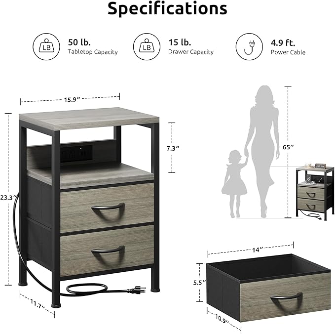 NightStand Bedside Charging Table Bedroom - Night Stand with Charger Station, Modern Nightstand with Open Shelf & 2 Fabric Drawers, End Table with USB-C USB Ports & AC Outlets for Dorm, Grey