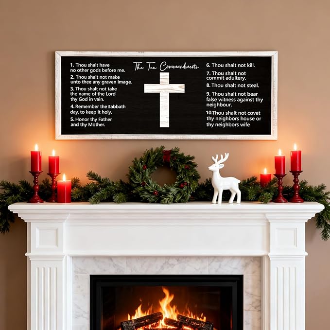 Ten Commandments Rustic Bible Verse Framed Wall Decor, 40" x 15", Religious Christian Slogan Representing a Prayer to God Jesus Christ, Vintage Horizontal Holy Inspirational Catholic Scripture Decor