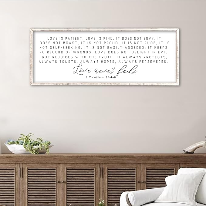 Love is Patient Kind Sign Wall Art 40"X15" 1 Corinthians 13 Bible Verse for Bedroom Above Over Bed Christianity Large Wood Framed Wall Hanging Decor (White）