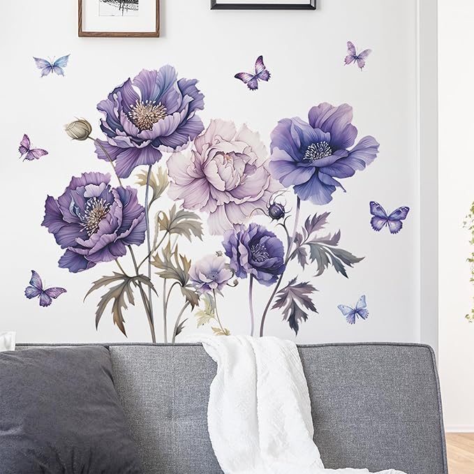 TUOKING Purple Flowers Wall Stickers Removable Butterfly Wall Murals Peel and Stick Wall Art Decal Home Decor for Kitchen,Bedroom,Living Room(fun-c16)