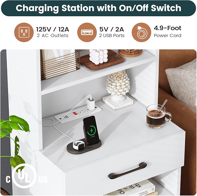 AOGLLATI Tall Nightstand with Charging Station and LED Lights, Night Stand with 3 Drawers, Bedside Table with Bookshelf and Storage Shelves, White Modern End Side Table for Bedroom