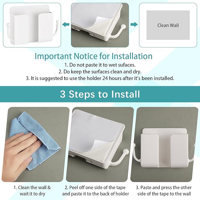 Jetec 6 Pcs Wall Mount Phone Holder Self-Adhesive Wall Beside Organizer Storage Box Plastic Charging Phone Stand Remote Brackets Holder for Bedroom(White)