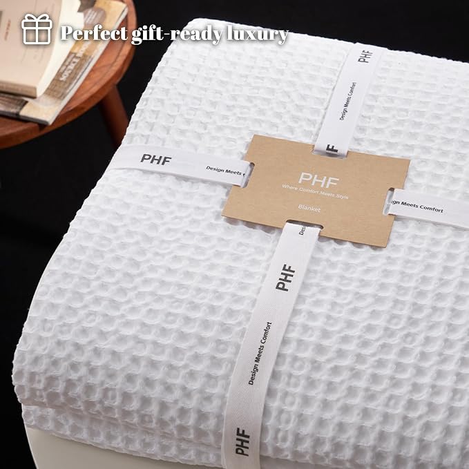 PHF Ultra Soft Waffle Weave Throw Blanket 50"x 60"- Washed Lightweight Breathable Cozy Woven Blanket for Bed - Aesthetic Decor for Couch Bedding Sofa Home Car - White
