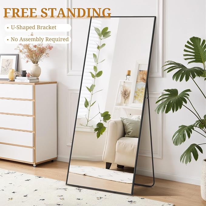 Full Length Mirror 68"x26" Full Body Mirror Rectangle Free Standing Wall Mounted Leaning Floor Mirrors with Stand Aluminum Alloy Frame for Bedroom Cloakroom, Black