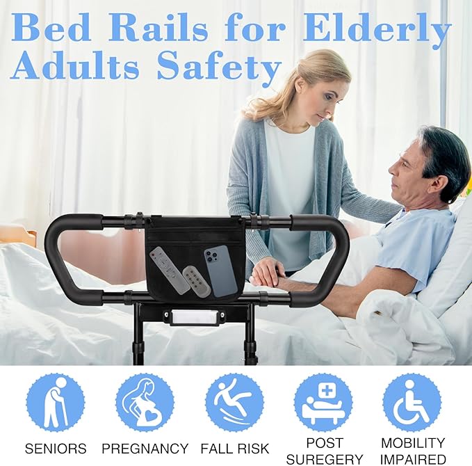 Bed Rails for Elderly Adults Safety: Adjustable Bedside Assist Rails with Storage Pockets, Non-Slip Handles, Items for Elderly Bed Rail, 400LB Gravity Capacity Black