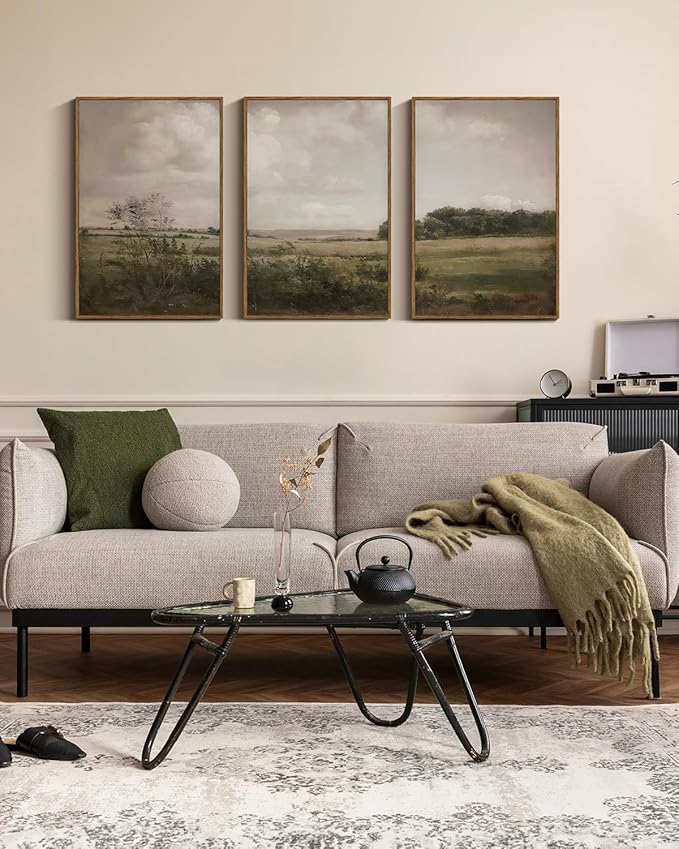 VIYYIEA Large Framed Canvas Wall Art, 3 Pcs,16x24inch, English Farm Landscape Decor for Living Dining Room Above of Bed, Vintage Nature Fields Scenery Neutral Decor, Set of 3