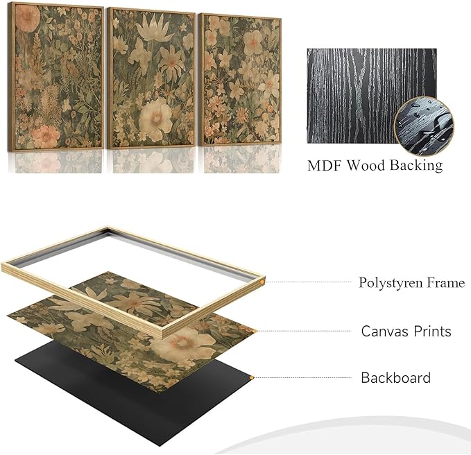 Wodkwq 3 Piece Vintage Floral Wall Art Framed,Neutral Wildflower Wall Decor,Mid Century Modern Botanical Prints,Retro Plant Art,For Bedroom, Living Room,Office 12x16in